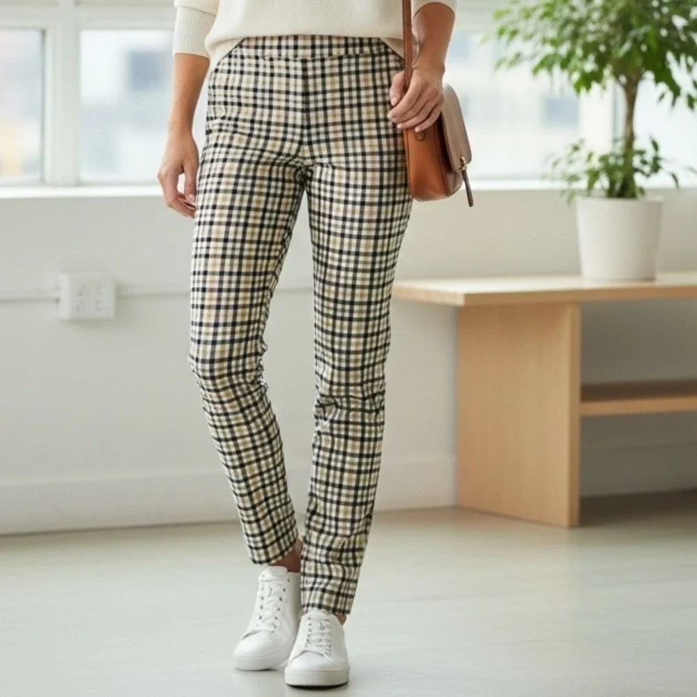 LOFT Plaid Straight Leg Pants‎ Women's Tan Black Classic Fit - Size 4